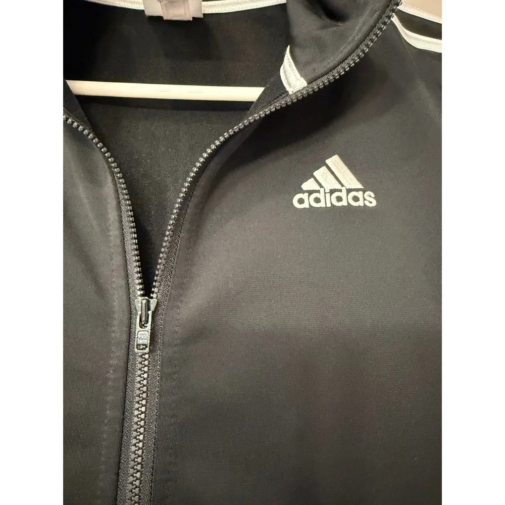 Kids Adidas Black Track Jacket White Stripes Zip Front Athleisure L 14-16 - Picture 4 of 7